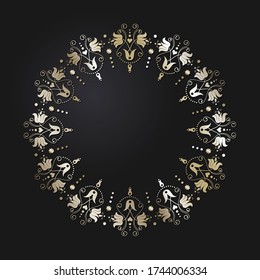 Decorative openwork round frame with gold abstract pattern on black background. Circular ornament. An elegant element for design. Vector.