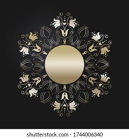 Decorative openwork round frame with gold abstract pattern on black background. Circular ornament. An elegant element for design. Vector.