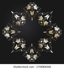 Decorative openwork round frame with gold abstract pattern on black background. Circular ornament. An elegant element for design. Vector.