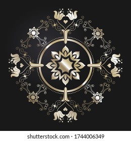 Decorative openwork round frame with gold abstract pattern on black background. Circular ornament. An elegant element for design. Vector.