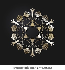 Dekorativer Rundrahmen mit goldfarbenem abstraktem Muster auf schwarzem Hintergrund. Rundschmuck. Ein elegantes Element für Design. Vektor.