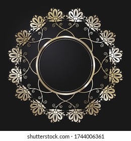 Decorative openwork round frame with gold abstract pattern on black background. Circular ornament. An elegant element for design. Vector.