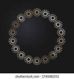 Marco redondeado decorativo de apertura con patrón oro abstracto sobre fondo negro. Ornamento circular. Un elemento elegante para el diseño. Vector.