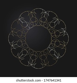 Decorative openwork round frame with gold abstract pattern on black background. Circular ornament. An elegant element for design. Vector.
