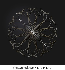 Marco redondeado decorativo de apertura con patrón oro abstracto sobre fondo negro. Ornamento circular. Un elemento elegante para el diseño. Vector.