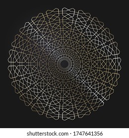 Marco redondeado decorativo de apertura con patrón oro abstracto sobre fondo negro. Ornamento circular. Un elemento elegante para el diseño. Vector.
