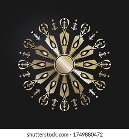 Marco redondeado decorativo de apertura con patrón oro abstracto sobre fondo negro. Ornamento circular. Un elemento elegante para el diseño. Vector.