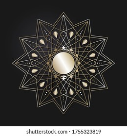 Marco redondeado decorativo de apertura con patrón oro abstracto sobre fondo negro. Ornamento circular. Un elemento elegante para el diseño. Vector.