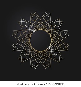 Decorative openwork round frame with gold abstract pattern on black background. Circular ornament. An elegant element for design. Vector.