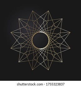 Decorative openwork round frame with gold abstract pattern on black background. Circular ornament. An elegant element for design. Vector.