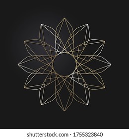 Decorative openwork round frame with gold abstract pattern on black background. Circular ornament. An elegant element for design. Vector.
