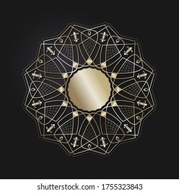 Decorative openwork round frame with gold abstract pattern on black background. Circular ornament. An elegant element for design. Vector.