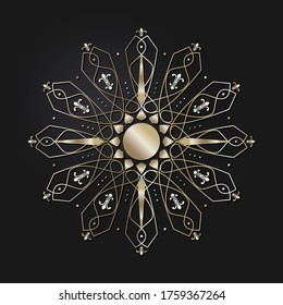 Decorative openwork round frame with gold abstract pattern on black background. Circular ornament. An elegant element for design. Vector.