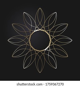 Decorative openwork round frame with gold abstract pattern on black background. Circular ornament. An elegant element for design. Vector.