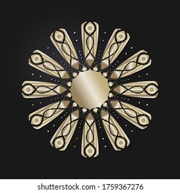 Decorative openwork round frame with gold abstract pattern on black background. Circular ornament. An elegant element for design. Vector.