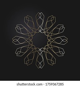 Decorative openwork round frame with gold abstract pattern on black background. Circular ornament. An elegant element for design. Vector.