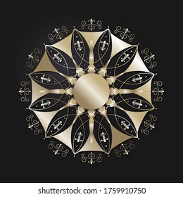 Dekorativer, runder Rahmen mit goldenem abstraktem Muster auf schwarzem Hintergrund. Rundschmuck. Ein elegantes Design-Element. Vektorgrafik.