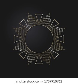 Decorative openwork round frame with gold abstract pattern on black background. Circular ornament. An elegant element for design. Vector.