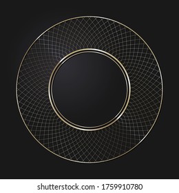 Decorative openwork round frame with gold abstract pattern on black background. Circular ornament. An elegant element for design. Vector.