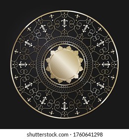 Decorative openwork round frame with gold abstract pattern on black background. Circular ornament. An elegant element for design. Vector.