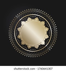 Decorative openwork round frame with gold abstract pattern on black background. Circular ornament. An elegant element for design. Vector.