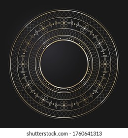 Marco redondeado decorativo de apertura con patrón oro abstracto sobre fondo negro. Ornamento circular. Un elemento elegante para el diseño. Vector.