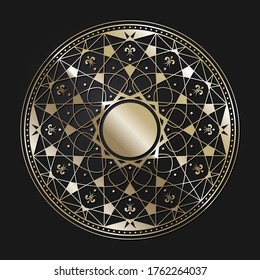 Decorative openwork round frame with gold abstract pattern on black background. Circular ornament. An elegant element for design. Vector.