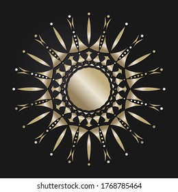 Decorative openwork round frame with gold abstract pattern on black background. Circular ornament. An elegant element for design. Vector.