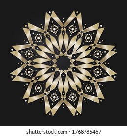 Decorative openwork round frame with gold abstract pattern on black background. Circular ornament. An elegant element for design. Vector.