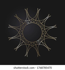 Decorative openwork round frame with gold abstract pattern on black background. Circular ornament. An elegant element for design. Vector.