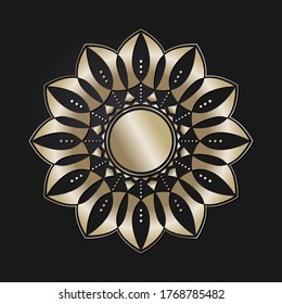 Decorative openwork round frame with gold abstract pattern on black background. Circular ornament. An elegant element for design. Vector.
