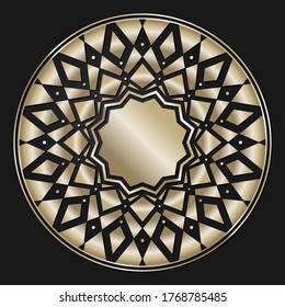 Decorative openwork round frame with gold abstract pattern on black background. Circular ornament. An elegant element for design. Vector.