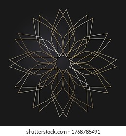 Decorative openwork round frame with gold abstract pattern on black background. Circular ornament. An elegant element for design. Vector.