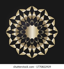 Decorative openwork round frame with gold abstract pattern on black background. Circular ornament. An elegant element for design. Vector.
