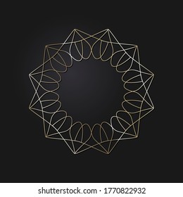 Decorative openwork round frame with gold abstract pattern on black background. Circular ornament. An elegant element for design. Vector.