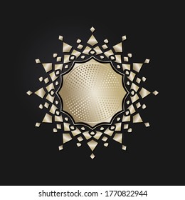 Decorative openwork round frame with gold abstract pattern on black background. Circular ornament. An elegant element for design. Vector.