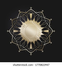 Decorative openwork round frame with gold abstract pattern on black background. Circular ornament. An elegant element for design. Vector.