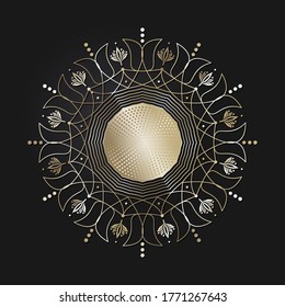 Decorative openwork round frame with gold abstract pattern on black background. Circular ornament. An elegant element for design. Vector.