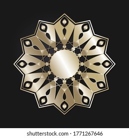 Decorative openwork round frame with gold abstract pattern on black background. Circular ornament. An elegant element for design. Vector.