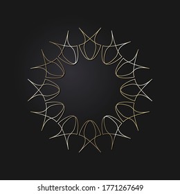 Decorative openwork round frame with gold abstract pattern on black background. Circular ornament. An elegant element for design. Vector.