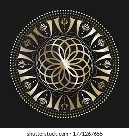 Marco redondeado decorativo de apertura con patrón oro abstracto sobre fondo negro. Ornamento circular. Un elemento elegante para el diseño. Vector.