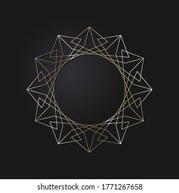 Decorative openwork round frame with gold abstract pattern on black background. Circular ornament. An elegant element for design. Vector.