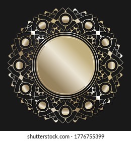 Decorative openwork round frame with gold abstract pattern on black background. Circular ornament. An elegant element for design. Vector.