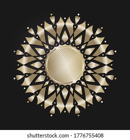 Decorative openwork round frame with gold abstract pattern on black background. Circular ornament. An elegant element for design. Vector.