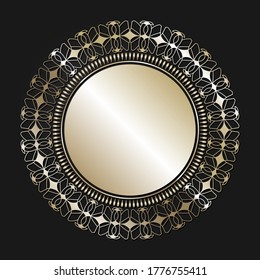 Decorative openwork round frame with gold abstract pattern on black background. Circular ornament. An elegant element for design. Vector.