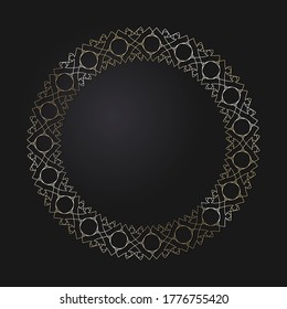 Marco redondeado decorativo de apertura con patrón oro abstracto sobre fondo negro. Ornamento circular. Un elemento elegante para el diseño. Vector.