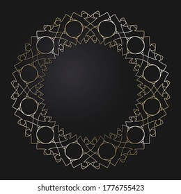 Marco redondeado decorativo de apertura con patrón oro abstracto sobre fondo negro. Ornamento circular. Un elemento elegante para el diseño. Vector.
