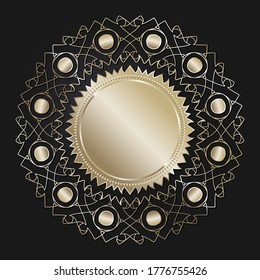 Decorative openwork round frame with gold abstract pattern on black background. Circular ornament. An elegant element for design. Vector.