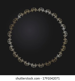 Decorative openwork round frame with gold abstract pattern on black background. Circular ornament. An elegant element for design. Vector.