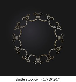 Decorative openwork round frame with gold abstract pattern on black background. Circular ornament. An elegant element for design. Vector.